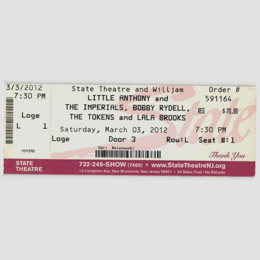 2012 Little Anthony Imperials Bobby Rydell Concert Ticket Stub New Brunswick NJ